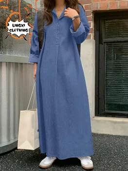 2023 קיץ אופנה של נשים אלגנטיות אופנה קוריאנית רטרו רחוב שרוול ארוך צווארון פולו מוצק ארוך בצבע כחול ג ' ינס, שמלה