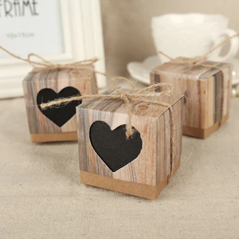 30 סטים החתונה Bonbonniere לבבות אוהבים כפרי שיתופי קליפת קופסאות הממתקים עם יוטה שיק וינטג ' חוטים חתונה טובה קופסא מתנה