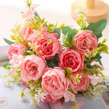 33 סנטימטר פרחים מלאכותיים 5 ראש אדמונית זר החתונה הכלה מחזיק ורדים השינה המשרד שולחן קישוט פרחי משי עיצוב הבית