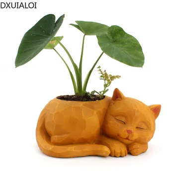 DXUIALOI פשוט יצירתי עצלן חתול פרח עציץ שרף מלאכת יד שולחן העבודה בעציץ עסיסי פרח עציץ חיה קישוט קישוט הבית