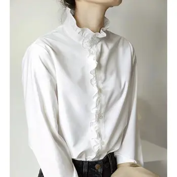 QWEEK חולצה לבנה נשים אלגנטי חולצות ענקיות לפרוע את הקולר קוריאני סגנון שרוול ארוך חולצות משרד ליידי בציר אופנה האביב