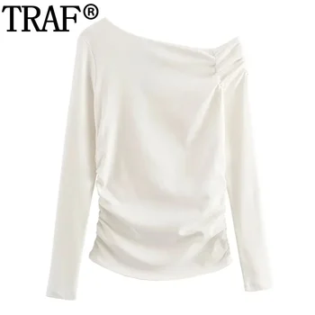 TRAF מחוץ כתף אישה לבנה חולצה Ruched אסימטרי גזורה נשים סתיו אופנה שרוול ארוך חולצות בסיסיות של נשים חולצה