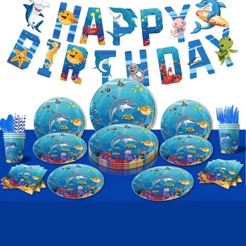 אוקיינוס כחול כריש נושא מסיבת יום הולדת קישוט כוס נייר צלחת מפיות מפה Toppers עוגת מקלחת תינוק בלון ילדים טובות