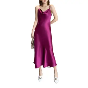 אלגנטי סאטן שמלות לנשים מוצק אדום שחור ארוך מקסי אצטט סאטן שמלת מסיבת 2023 אופנה משרד ליידי בסיסי פראי השמלה
