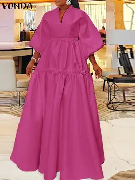 בתוספת גודל 5XL וונדה נשים שמלת מקסי 2023 קיץ אלגנטי מוצק פנס שרוול ארוך חולצה שמלת קיץ קליל משוחרר פרע Vestidos