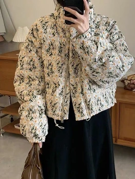 החורף פרח כותנה מעיל נשים רופף, מעובה כותנה מודפסים מעיל מעיל אישה החורף 2023 למטה ריפוד אישה בגדים