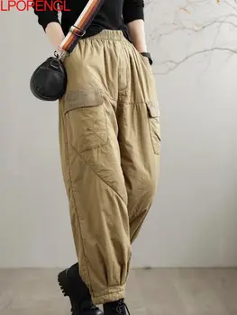 הנשים החדש אמנותי מזדמן רטרו רופף צבע מוצק אלסטי המותניים קרסול-אורך המכנסיים אופנת רחוב טלאים כיס Sarouel