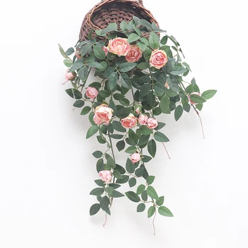 ורדים, גפן, פרחים מלאכותיים גרלנד עלים צמחים תלויים משי קיר רקע הביתה חדר עיצוב חתונה תחת כיפת השמיים אייבי מזויף קש
