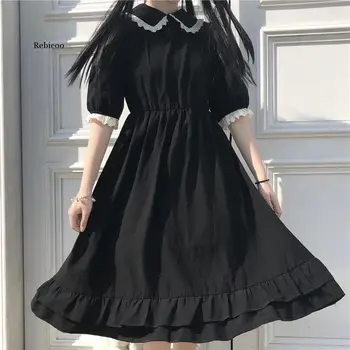 יפנית המכללה סגנון שמלת קיץ מתוקה פיטר פן צווארון Kawaii תחרה קפלים שמלה שרוול קצר מורי ילדה אישה שחורה שמלה