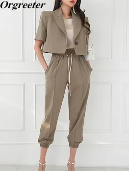 למכנסיים שני חלקים להגדיר נשים תלבושת 2022 קוריאני אופנה טמפרמנט קצר בלייזר מעיל + הרמון חליפת מכנסיים מזדמנים 2 ערכות קטע