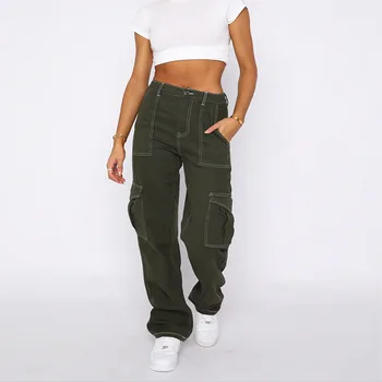 מטען ג ' ינס אישה 2023 גבוהה המותניים רחבים המכנסיים צד Pokcets שחור/ירוק צבא ספארי סגנון נשים אופנת רחוב תלבושות ישבנים