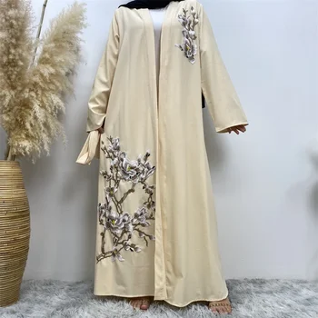 פתח Abaya המוסלמים השמלה רקמה ארוך שרוול סלים כפיות לנשים תחרה ארוכה-למעלה השמלה המוסלמים קרדיגן מזדמנים שמלת טמפרמנט