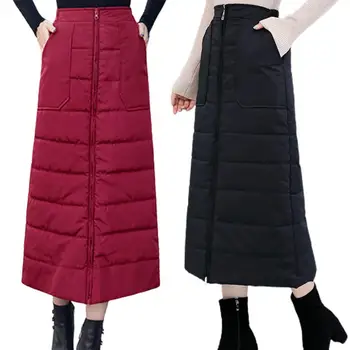 קוריאני חורף נשים למטה חצאית עבה מרופד גבוהה המותניים רוכסן Windproof באורך קרסול הגברת חצאית מקסי