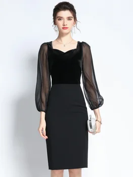 שחור Slim Fit להתלבש 2023 האביב החדש של נשים צרפתית כיכר צוואר הירך לעטוף זהב קטיפה הפבורן שמלה שחורה קטנה