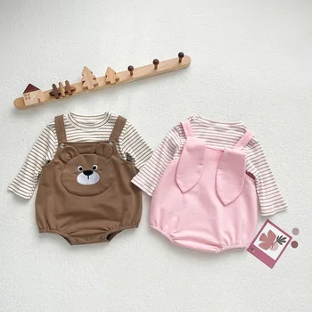 0-1 שנה תינוק בן סרבל האביב והסתיו הבנים כותנה פסים חולצה Backband מכנסיים רומפר בנות קריקטורה דוב קטן לקבוע