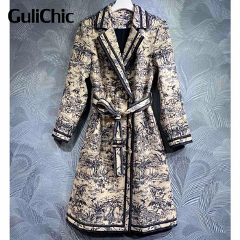10.12 GuliChic בציר הדפסה מעיל נשים דש צווארון כפול עם חזה דק עם חגורה שרוול ארוך טמפרמנט מעיל רוח