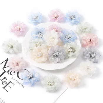 10PCS מיני לדמות היביסקוס ראש DIY עיצוב מתנה מלאכותית, פרחים מלאכותיים רשת מיני פרחים ראש חתונה קישוט
