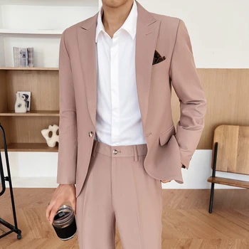 2023 מוצק צבע החליפה (בלייזר+ המערבית מכנסיים) הגירסה הקוריאנית Slim נאה בוטיק חדש של גברים מגמת אופנה בלייזר שני חלקים סט