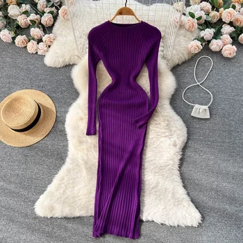2023 מזדמן סרגה סוודר שמלת סתיו חורף ארוך שרוול נשים סקסי Bodycon ארוך שמלה חדשה או הצוואר למותניים Vestidos 29656