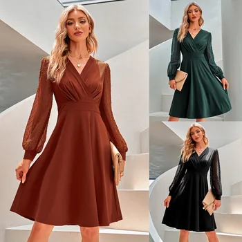 2023 סתיו/חורף חדש אופנה חמה מכירת שרוול ארוך מקרית מוצק ללבוש נשים מגמה V-צוואר אקארד השמלה
