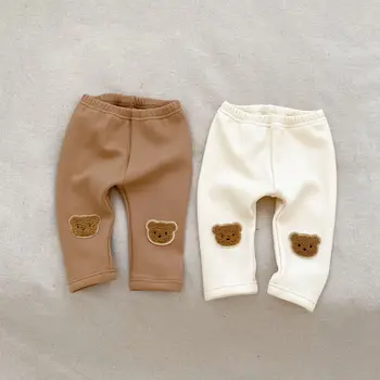 2023 סתיו חורף תינוקות בנים קטיפה מכנסי בייבי בנים דוב מודפס גמיש מכנסי תינוק בנים מעובה חם עמ המכנסיים.