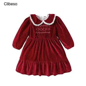2024 Clibeso יד Smocked שמלה לנערות סתיו חורף שמלות קטיפה לילדים ילדה ילדים נסיכה, שמלות בסגנון צרפתי