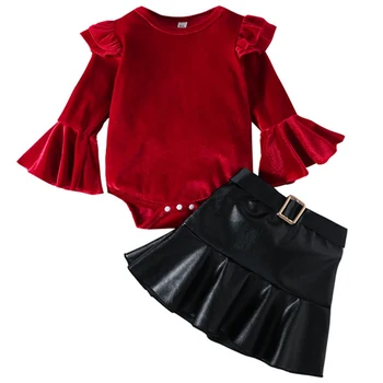 2Piece החורף Christma ילדה הבגדים סטים קוריאני אופנה צמר שרוול ארוך בגד גוף היילוד+PU חצאית התינוק יוקרה בגדים BC1230