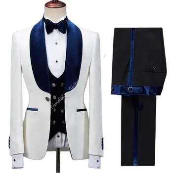 3pcs החתונה בלייזר מכנסיים תלבושות חתן Slim Fit חליפות גברים לבנים דפוס ז ' קט שחור, מכנסיים הצעיף הכחול דש אפוד קטיפה