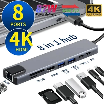8 IN 1 USB C רכזת סוג C 3.1 ל-4K מתאם HDMI עם RJ45 SD קורא כרטיסי TF משטרת מהר תשלום עבור MacBook למחשב נייד מחשב נייד מחשב