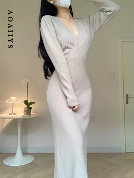 Aoaiiys שמלות לנשים שמלת 2023 סתיו חורף סלים בסיסי סרוגים רזה V-צוואר מוצק עם קו מותן גבוה, שמלות אמצע שוק בגדים