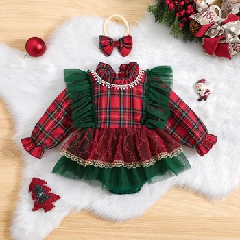 BeQeuewll בייבי בנות 2Pcs חג המולד תלבושות לפרוע שרוול ארוך רומפר רשת השמלה רומפר ו בגימור להגדיר היילוד בגדים