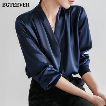 BGTEEVER המשרד ללבוש V-צוואר נשים סאטן החולצה מקסימום 2022 אלגנטי חופשי שרוול מלא בנות Pullovers חולצות Blusas פאטאל
