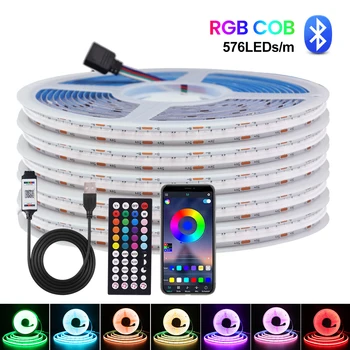 Bluetooth COB LED הרצועה 5V USB 576Leds/m RGB LED סרט גמיש טלוויזיה תאורה אחורית CRI RA90 COB LED קלטת אור Dimmable עיצוב חדר