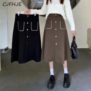 CJFHJE האביב לנשים חדש רצועת גומי צמר בינוני אורך החצאית בסגנון קוריאני אופנה נשים רב-תכליתי יומיומי קו-חצאיות