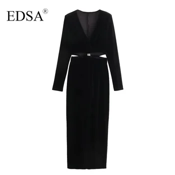 EDSA נשים אופנה קטיפה שחורה Midi שמלה עם חיתוך-פרטים, שרוולים ארוכים, צווארון וי אר. ג ' י
