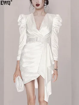 [EWQ] V-צוואר סדיר שולי לבן יפה אופנה שמלה אלגנטית יומיומי שרוול ארוך קו חצאית נשים 2024 אביב סתיו U7260
