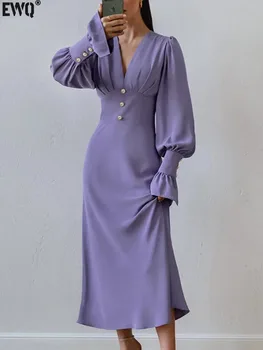 [EWQ] אלגנטי פנס שרוול שיפון שמלה ארוכה של נשים המותניים עטיפה חאקי סגול קו שמלות 2024 אביב סתיו 16U7368