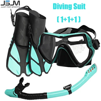 JSJM 1+1+1 מקצועי מסכת צלילה ציוד צלילה HD משקפיים, אנטי ערפל מסכת צלילה מתחת למים, צלילה בשנורקל וסנפירים