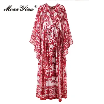MoaaYina הקיץ מעצב אופנה וינטג הלבוש של נשים V-neck קשת-frenulum פרח אדום פורצלן הדפסה מקסי שמלה ארוכה