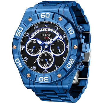 NIBOSI Mens שעונים העליון מותג יוקרה גדולה 47mm כחול ספורט הכרונוגרף מלא פלדה קוורץ שעון עמיד במים השעון גברים רלו גבר