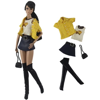 NK 1 סט נסיכה החליפה אופנה חולצת משבצות צהוב לבן גופיה קו חצאית+תיק נעלי בובה ברבי אביזרים מתנה צעצוע