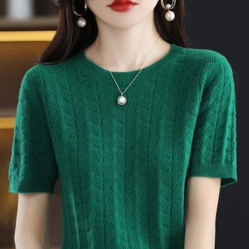 O-צוואר סוודר קשמיר הנשי קוריאני סרגה סוודר רופף 100% טהור סוודר שרוול קצר החולצה קרקעיות