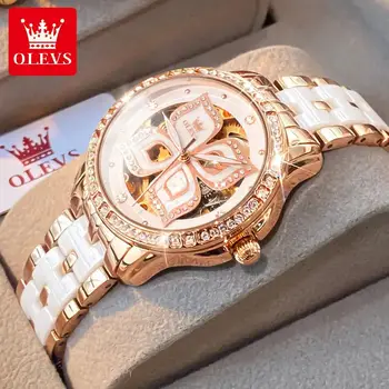 OLEVS אוטומטי מכאני שעון נשים יוקרתי שלד עלה זהב חיוג קרמיקה רצועת יהלומים של נשים שעון יד רלו Mujer