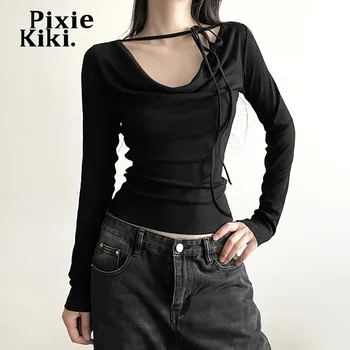 PixieKiki תחרה שרוול ארוך Tees מזדמן בסיסי חולצה לנשים בסגנון קוריאני ליפול בגדים מצולעים שחור לבן מקסימום P94-BE24