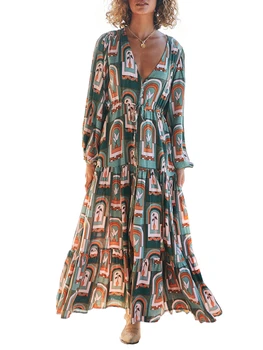 Sunloudy נשים בוהמי דפוס רופף שמלת מקסי עמוק V בצוואר שרוול ארוך שמלת הדפס גיאומטרי החוף להתלבש