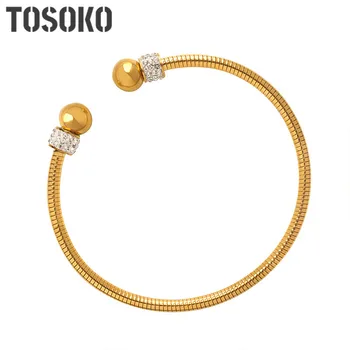 TOSOKO נירוסטה תכשיטים גמישה כבל פתיחת אופנה מגוונים צורה משובץ זירקון צמיד לנשים BSZ012