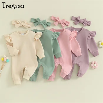 Tregren 0-12M תינוק שרק נולד ילדה 2Pcs ליפול תלבושות שרוול ארוך צבע מוצק לפרוע סרבל עם סרט להגדיר התינוק בגדים.