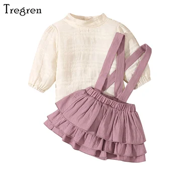 Tregren 0-18M הרך הנולד ילדה 2Pcs בגדים סטים מוצק צבע אקארד שרוול ארוך צוואר מזוייף מקסימום לפרוע Suspender קצרים.
