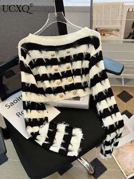 UCXQ נשים ציצית סרגה סוודר פסים כתף אחת סוודר שרוול ארוך התחתונה קופצת למעלה 2024 חדש באביב קיץ 23A7146