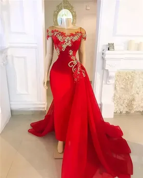אדום שמלות לנשף בתולת ים שרוולים קצרים שיפון אפליקציות חרוזים דובאי ערבית ארוך נשף שמלת ערב שמלת חלוק דה נשף
